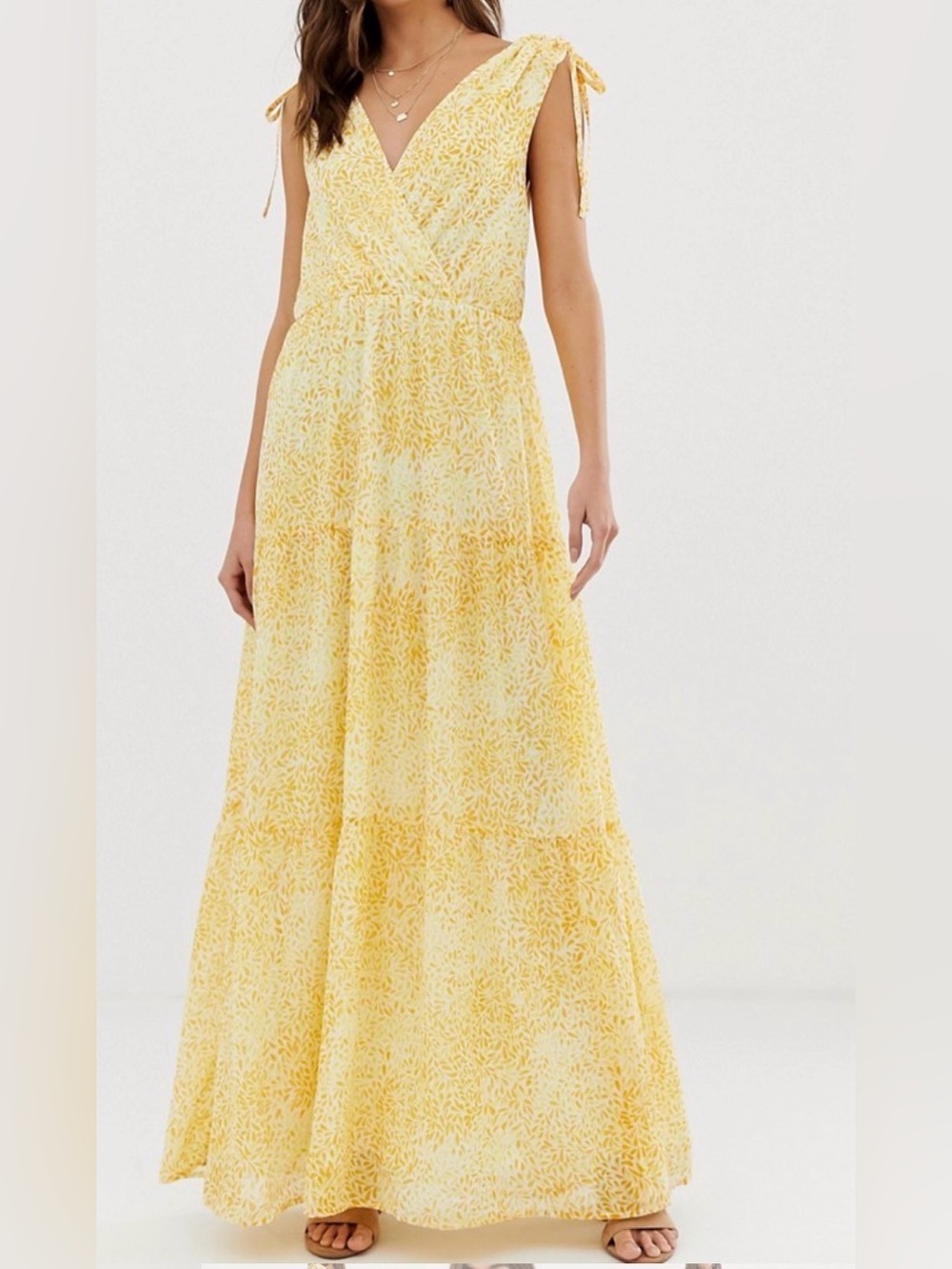 NWT Vila Yellow Floral Print Tiered Maxi Dress - Size 42
